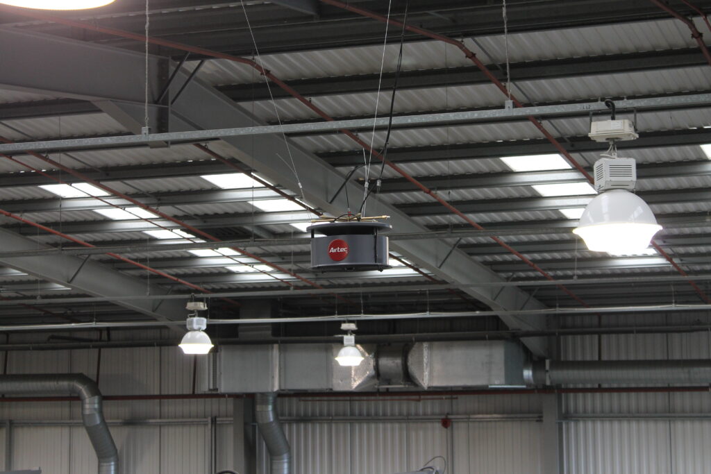 Adiabatic humidifier installed within a large warehouse